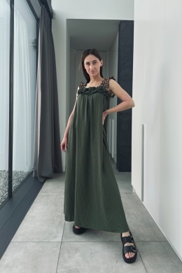 Wiskozowa sukienka maxi z panterkowymi ramiączkami | khaki