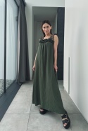 Wiskozowa sukienka maxi z panterkowymi ramiączkami | khaki