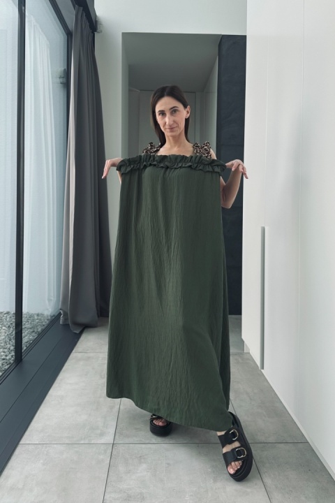 Wiskozowa sukienka maxi z panterkowymi ramiączkami | khaki Wiskozowa sukienka maxi z panterkowymi ramiączkami | khaki