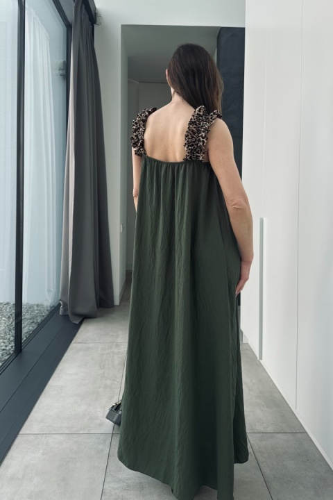 Wiskozowa sukienka maxi z panterkowymi ramiączkami | khaki Wiskozowa sukienka maxi z panterkowymi ramiączkami | khaki