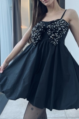 Bawełniana sukieka bombka ze srebrną kokardą z cekinów | czarna