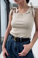 Beżowy, prążkowany top Crema z wiązaniem na ramionach Beżowy, prążkowany top Crema z wiązaniem na ramionach