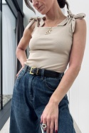 Beżowy, prążkowany top Crema z wiązaniem na ramionach Beżowy, prążkowany top Crema z wiązaniem na ramionach
