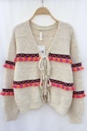 Beżowy sweter z kolorowymi frędzlami