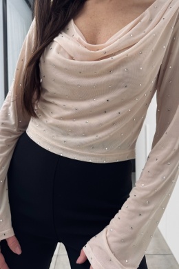 Elegancka bluzka z elastycznej siateczki z symilkami | beżowa