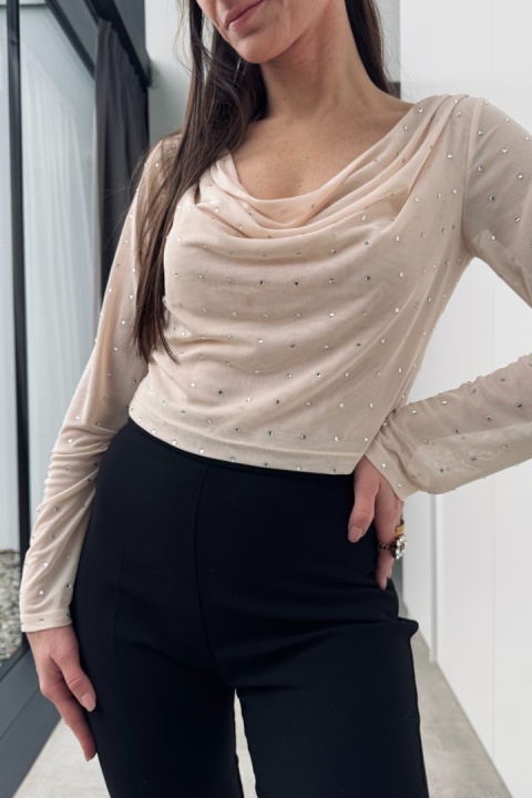 Elegancka bluzka z elastycznej siateczki z symilkami | beżowa