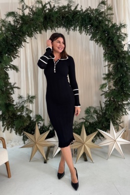 Dzianinowa sukienka midi z kontrastowym wykończeniem | czarna