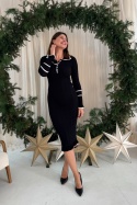 Dzianinowa sukienka midi z kontrastowym wykończeniem | czarna