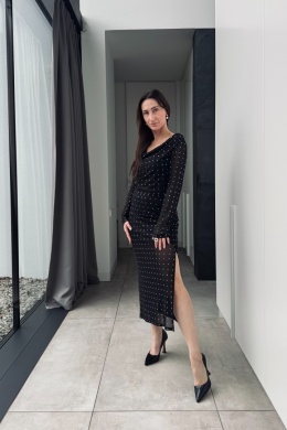 Elegancka spódnica midi z elastycznej siateczki z symilkami | czarna