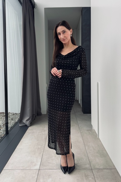 Elegancka spódnica midi z elastycznej siateczki z symilkami | czarna