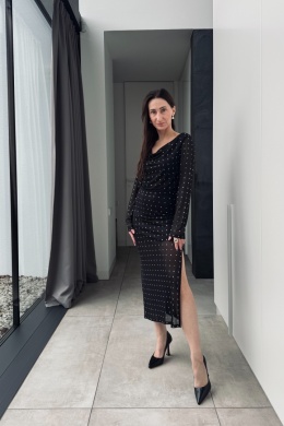 Elegancka spódnica midi z elastycznej siateczki z symilkami | czarna