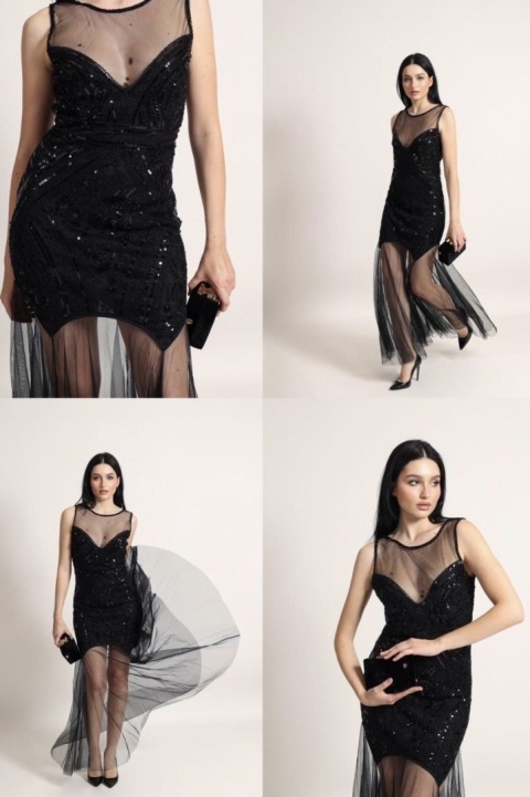 Elegancka sukienka maxi Bella z cekinami i tiulem