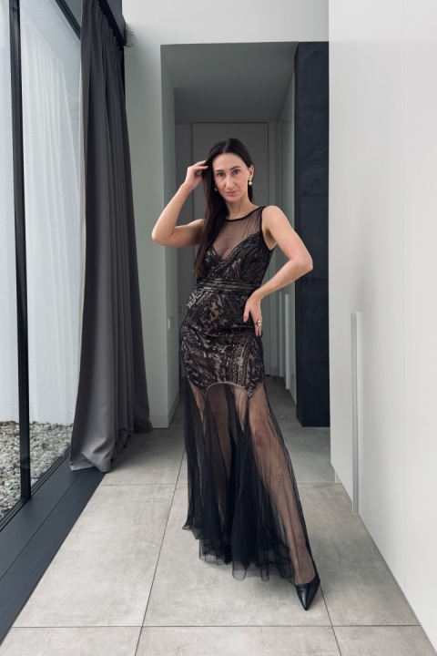 Elegancka sukienka maxi Bella z cekinami i tiulem
