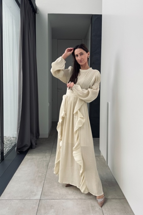 Elegancka sukienka z brokatową nitką | beżowa Elegancka sukienka z brokatową nitką | beżowa