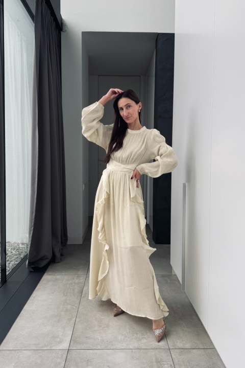 Elegancka sukienka z brokatową nitką | beżowa Elegancka sukienka z brokatową nitką | beżowa
