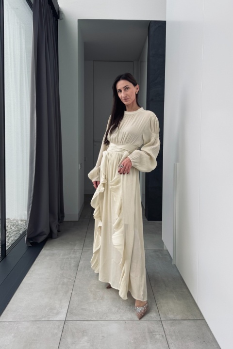 Elegancka sukienka z brokatową nitką | beżowa Elegancka sukienka z brokatową nitką | beżowa