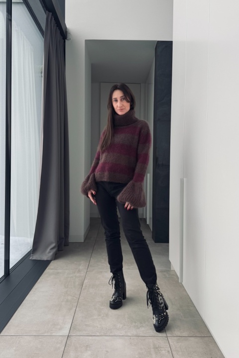 Golf w paski super kid moher | bordo i brąz