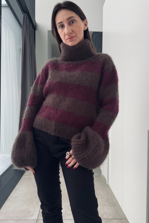 Golf w paski super kid moher | bordo i brąz