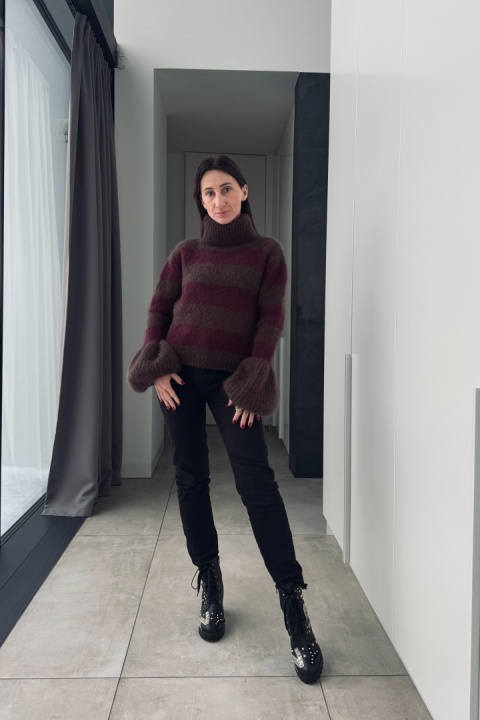 Golf w paski super kid moher | bordo i brąz