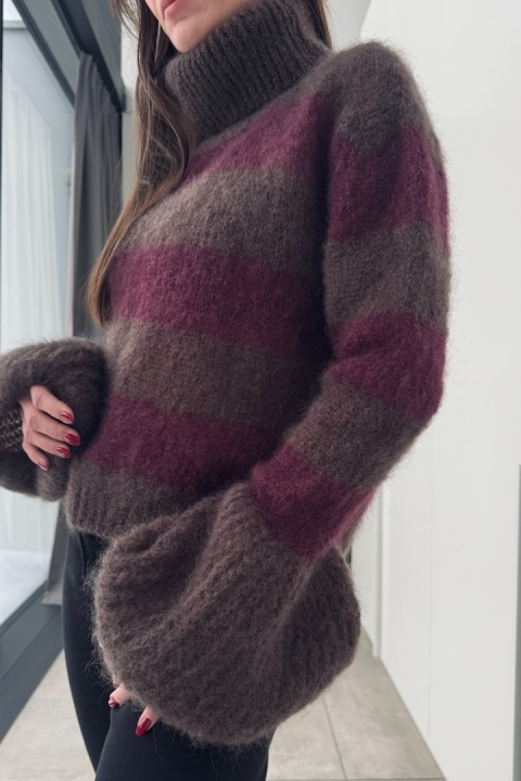 Golf w paski super kid moher | bordo i brąz