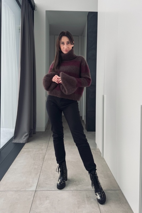 Golf w paski super kid moher | bordo i brąz