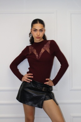 Sweterek z kaszmirem i koronką | wiskoza, kaszmir | bordowy