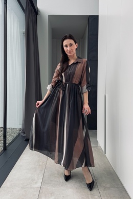 Kolorowa, wzorzysta sukienka midi z tencelu | brązowa