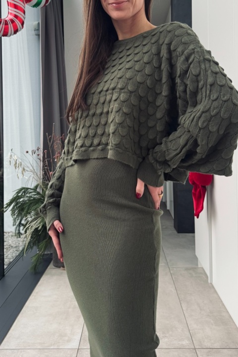 Komplet z kaszmirem: sukienka i sweter | wiskoza, kaszmir | oliwkowy