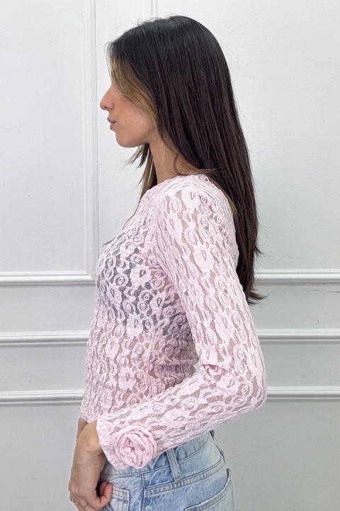 Koronkowa bluzeczka z różą na rękawie | różowa