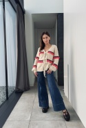 Beżowy sweter z kolorowymi frędzlami