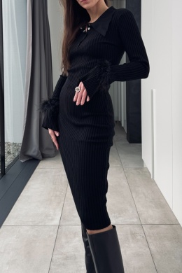 Sukienka midi z kaszmirem i wełną, z piórami | czarna