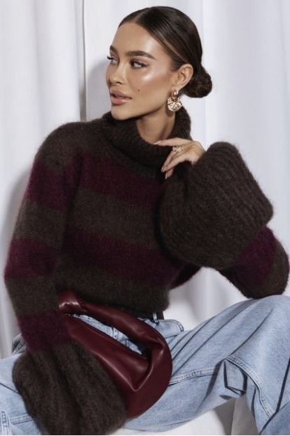 Golf w paski super kid moher | bordo i brąz