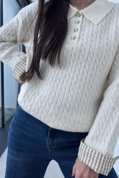 Sweterek z koszulowymi mankietami | wiskoza, poliamid | beżowy