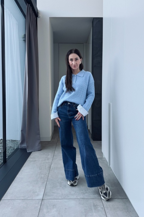 Sweterek z koszulowymi mankietami | wiskoza, poliamid | błękitny