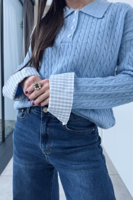 Sweterek z koszulowymi mankietami | wiskoza, poliamid | błękitny