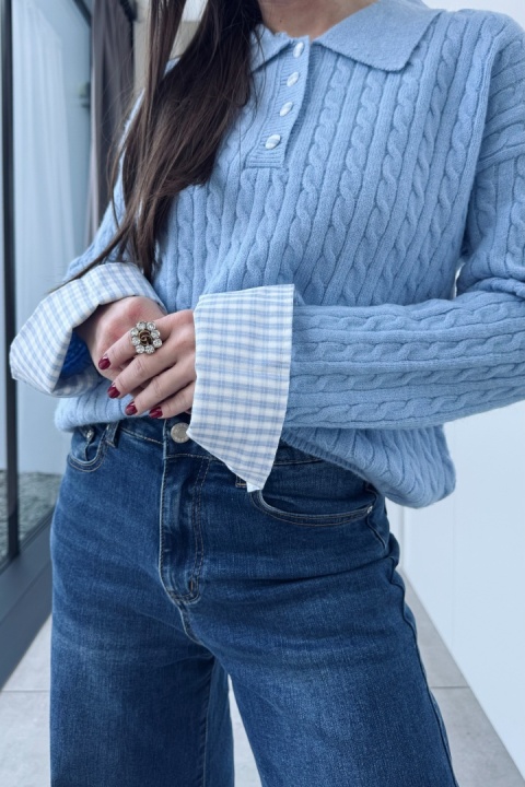 Sweterek z koszulowymi mankietami | wiskoza, poliamid | błękitny