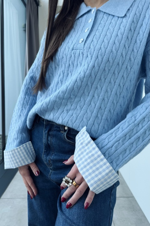 Sweterek z koszulowymi mankietami | wiskoza, poliamid | błękitny