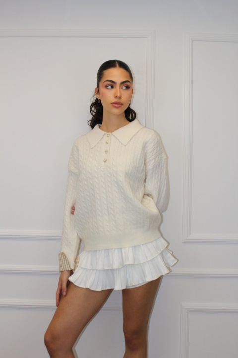 Sweterek z koszulowymi mankietami | wiskoza, poliamid | beżowy