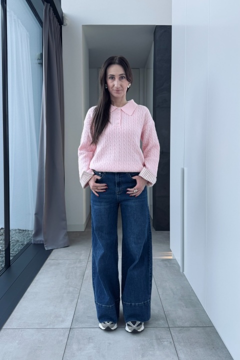 Sweterek z koszulowymi mankietami | wiskoza, poliamid | różowy