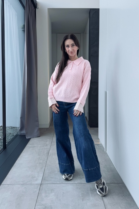 Sweterek z koszulowymi mankietami | wiskoza, poliamid | różowy