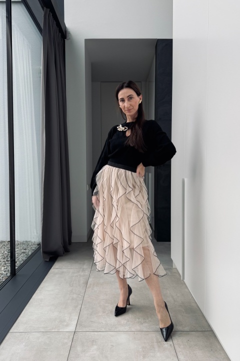 Tiulowa spódnica midi beżowo - czarna