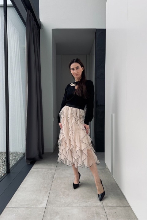 Tiulowa spódnica midi beżowo - czarna