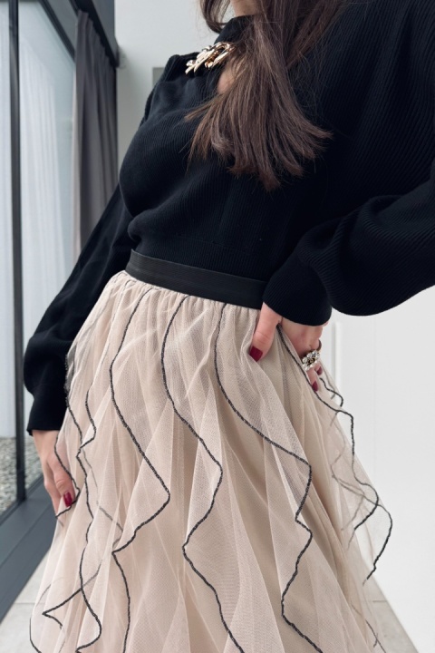 Tiulowa spódnica midi beżowo - czarna