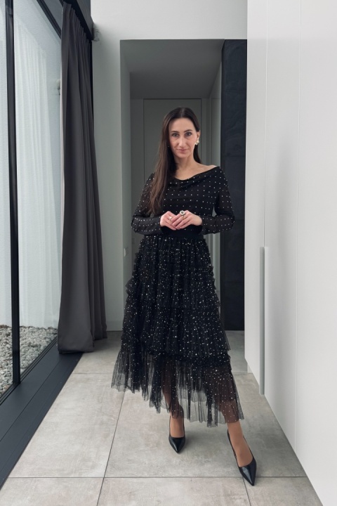 Tiulowa spódnica z falbanami | czarna