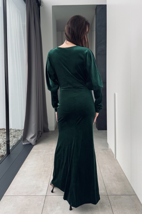 Welurowa sukienka maxi z drapowaniem | butelkowa zieleń