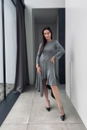 Srebrna, asymetryczna sukienka Sparkle z paskiem