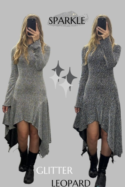 Srebrna, asymetryczna sukienka Sparkle z paskiem